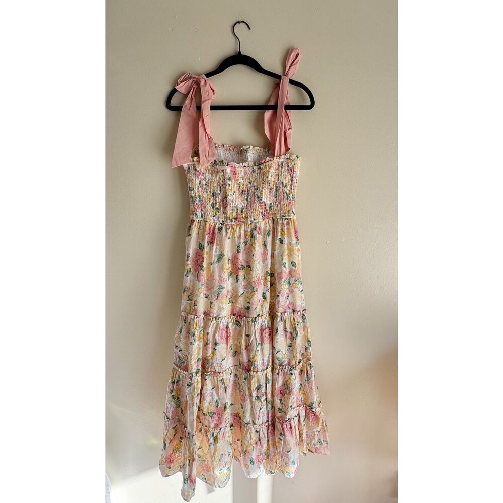 Petal and Pup Pink + Cream Floral Print Shoulder Tie Tiered Midi Dress Large - Picture 6 of 9